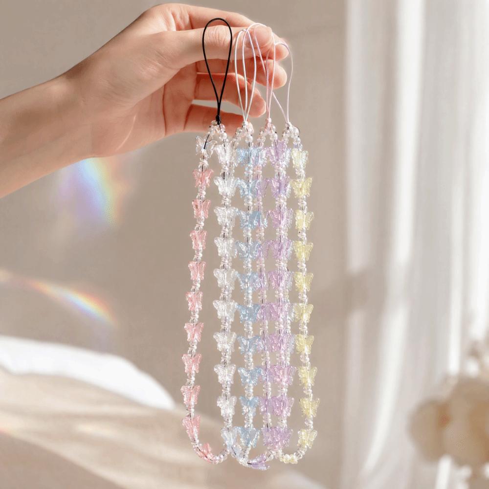 Anti-Lost Design Phone Chain Strap Plastic Pearl Beads Butterfly Phone Charm For All Phone Case