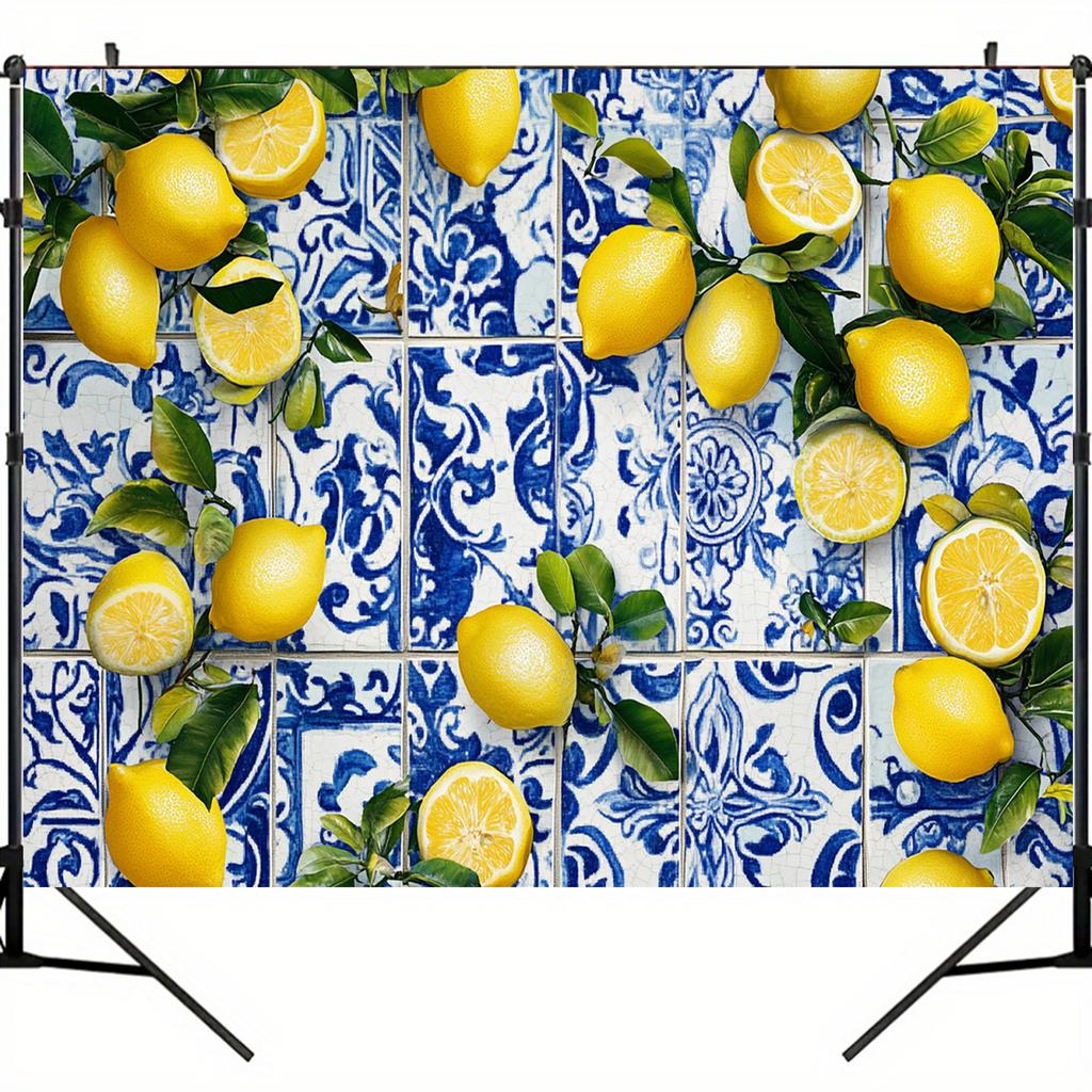 Lemon-themed Party Background - Blue Tile Design, Suitable for Birthday Parties, Shower Parties and Dessert Table Decorations