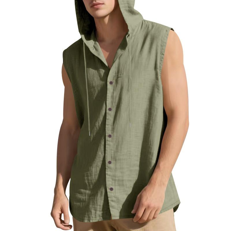 Summer Men Linen Blend Hooded Sleeveless Shirt Multi Color Casual Vest S зелёный