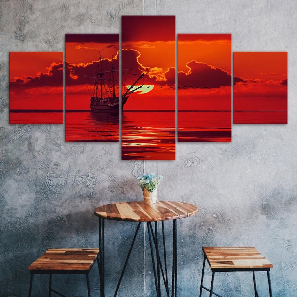 Boat Sunset Red Sky Scenery 5 Piece Five Panel Wall Canvas Print Modern Art Poster Picture Home Decor Gift For Him For Her