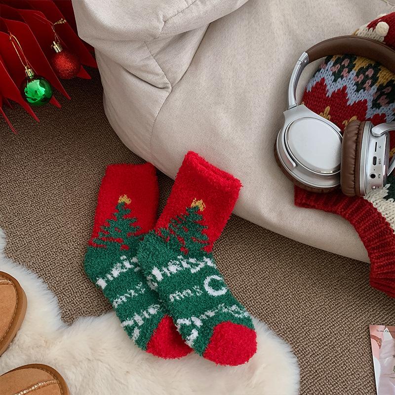 Christmas Coral Velvet Stocking Elk Santa Claus Striped Christmas Tree Snowflakes Socks Women Winter Autumn Home Floor Socks