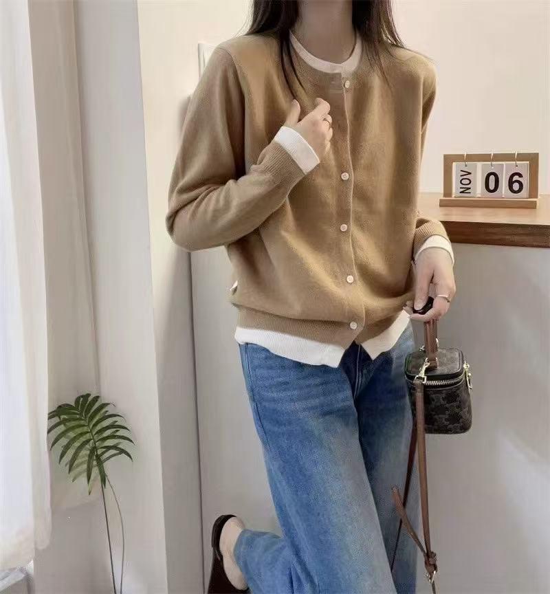 Women's French Patchwork Color Block Wool Knit Cardigan - Loose Layering Sweater Coat