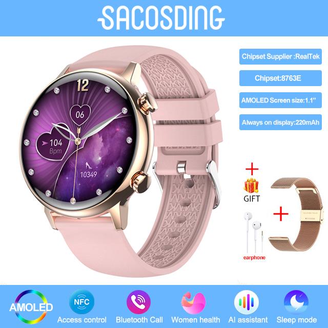 Reloj Inteligente Amoled Mujer Llamada Bleutooth Smartwatch Asistente de Voz Healthtracker Relojes Deportivos Reloj Impermeable Damas