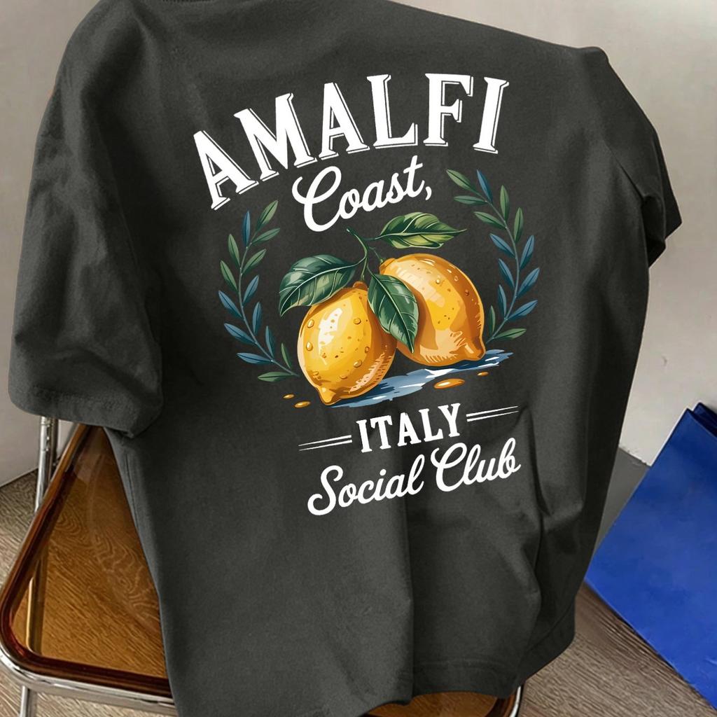 T-shirt Unisex Nuova in Puro Cotone Girocollo Manica Corta con Stampa Limoni Italiani Costiera Amalfitana Adatta per Vacanze e Abbigliamento Casual