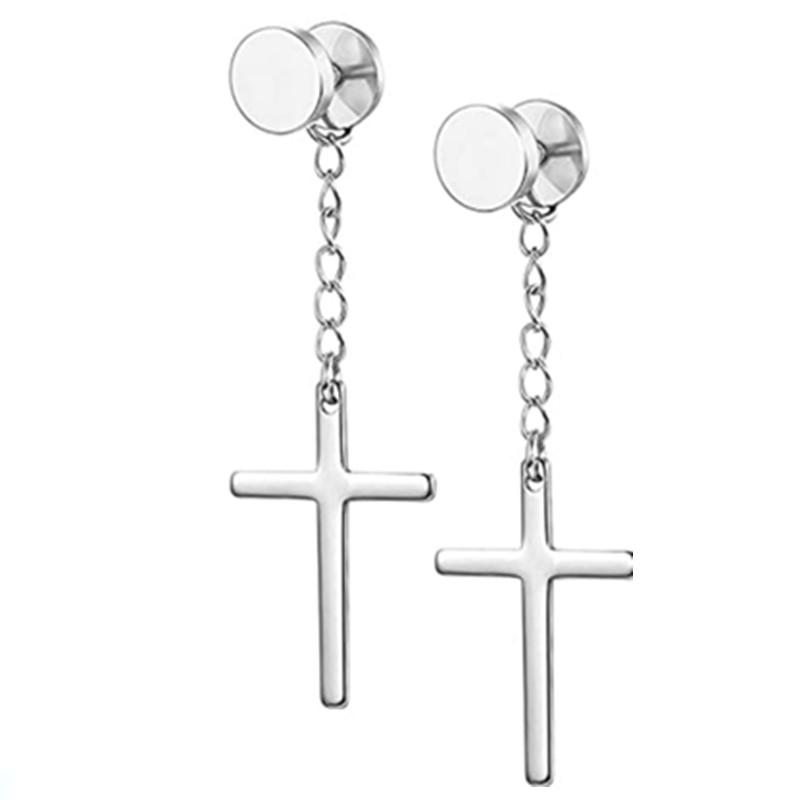 WKOUD 2PCS Stainless Steel No Piercing Cross For Men Kpop Clip On Cross Earring Gothic Punk Fake Ear Cuff Cross Earring Dangle