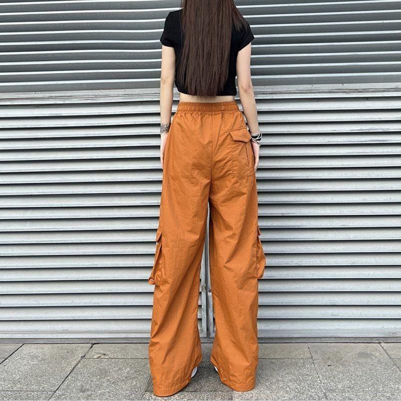 Sokak Giyimi Kadın Büyük Boy Düz Kargo Pantolon Elastik Bel Bağcıklı Gevşek Harajuku Hip Hop Rahat Geniş Bacak Spor Pantolonu