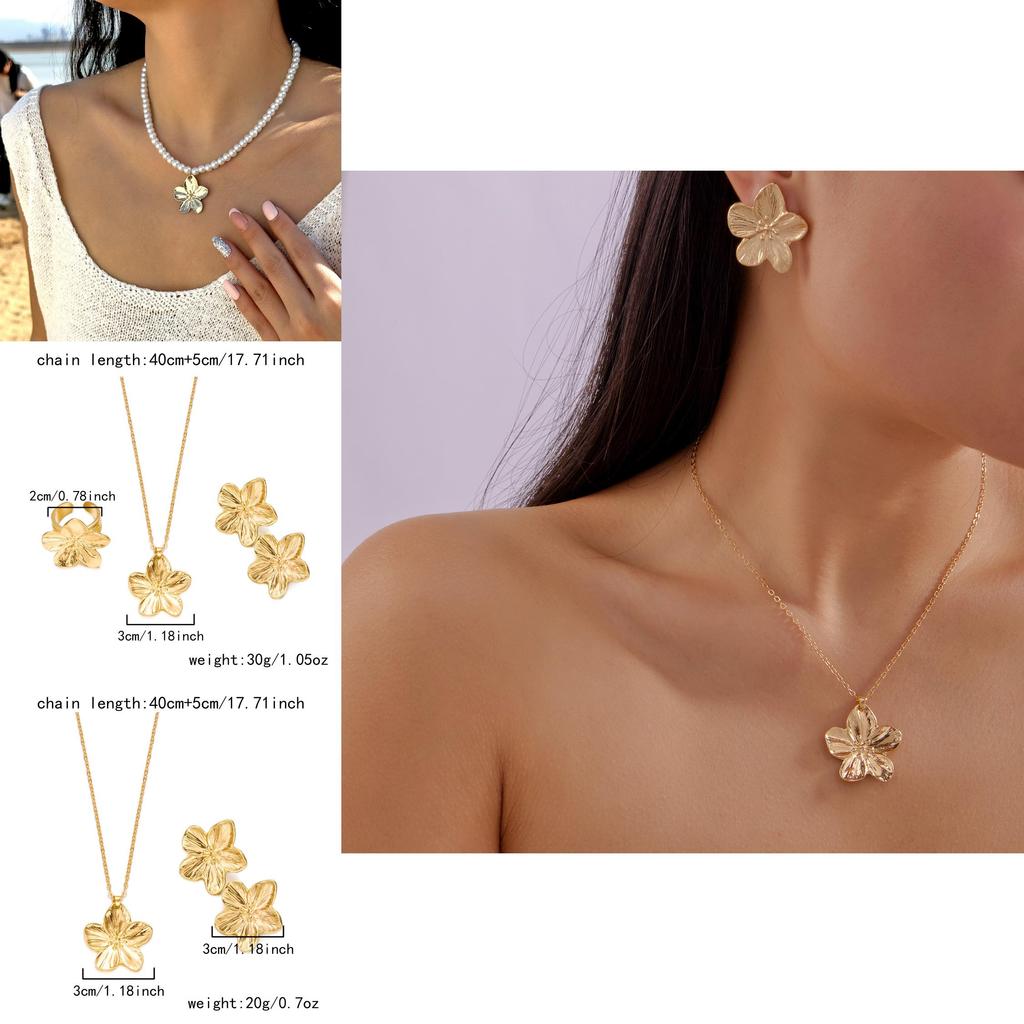 Elegant Gold Flower Pendant Necklace And Earrings Set For Office Women