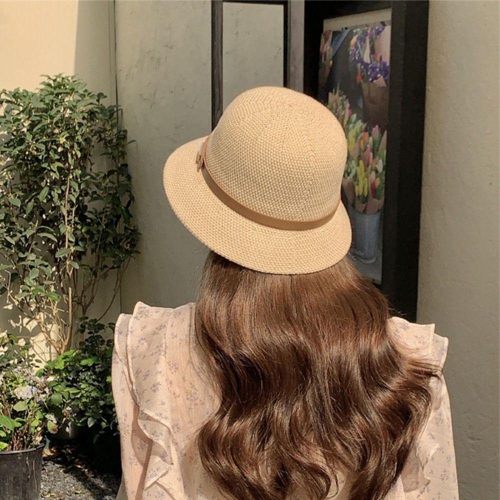 PU Leather Belt Women Sunscreen Hats Wide Brim Outdoor Straw Hats Korean Summer Bucket Hats  Girls