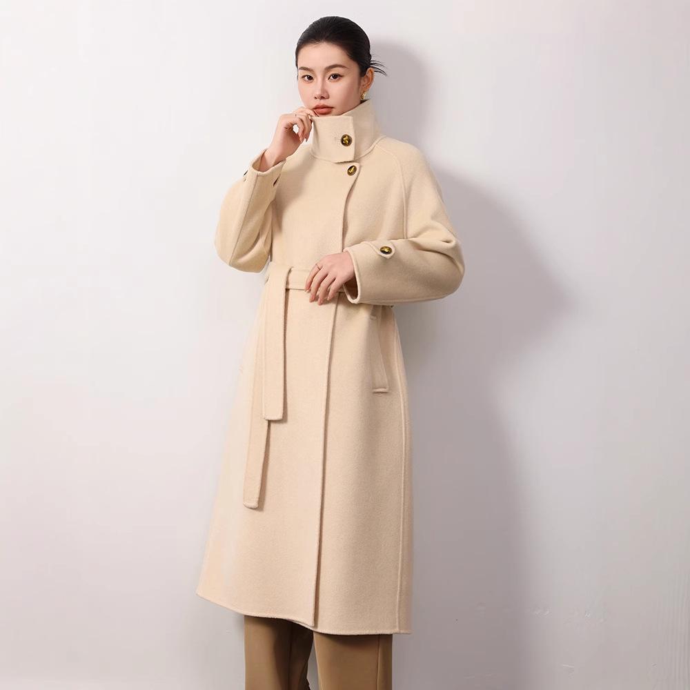 Double-Sided Cashmere Wool Coat, Women's 2024, 100% Wool, Stand Collar, Hepburn Style, Long and Loose Fit.