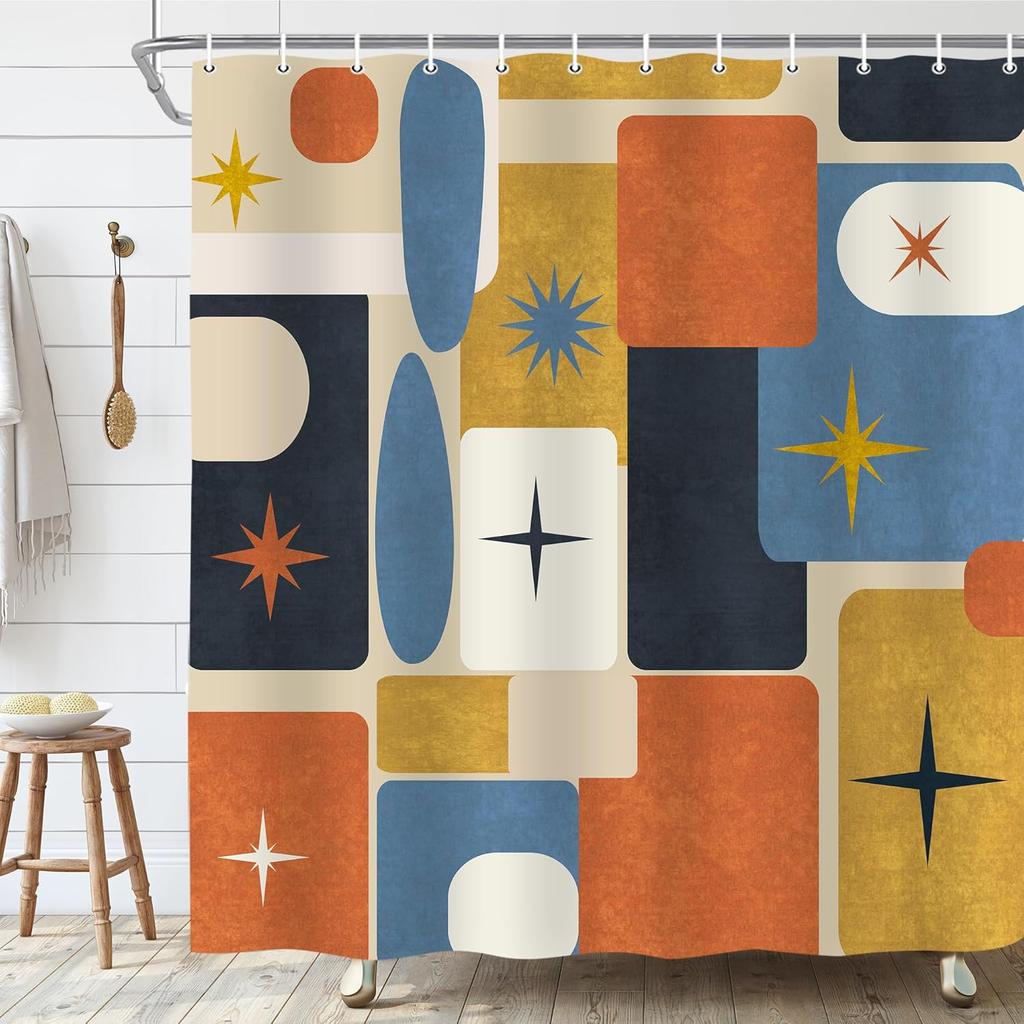 Mid Century Modern Shower Curtain, Abstract Geometric Aesthetic Art Decor, Retro Minimalist Waterproof Washable