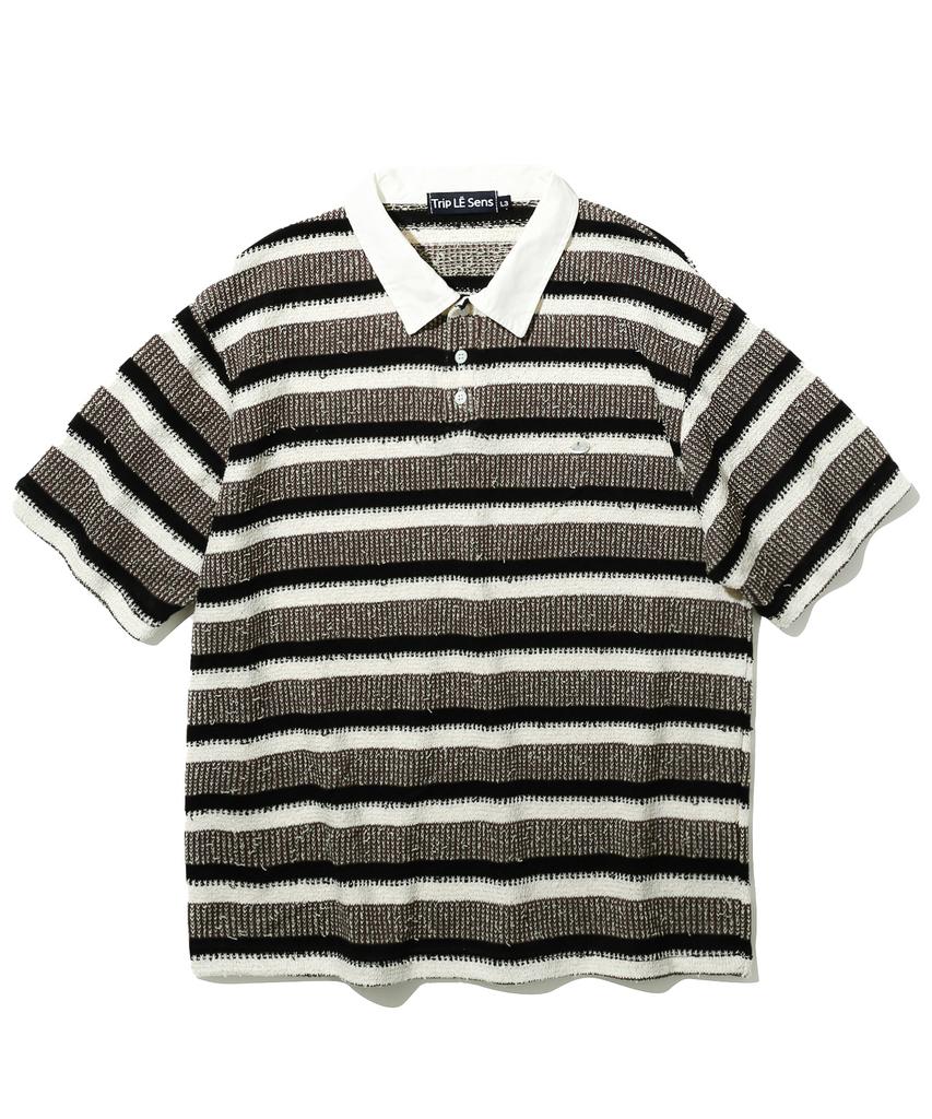 TRIP LE SENS Surfer Stripe Waffle Polo Shirt_Black