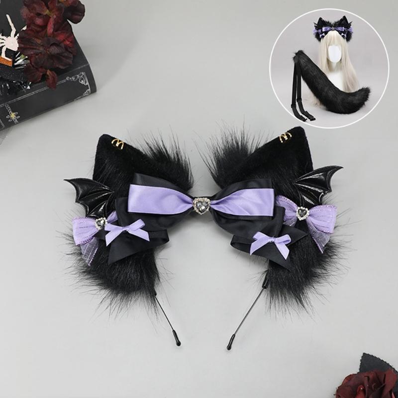 Cats Tail Lovely Cats Ears Hairband Plush Wolf Tail Halloween Party Costume Accessories for Adult Woman Man