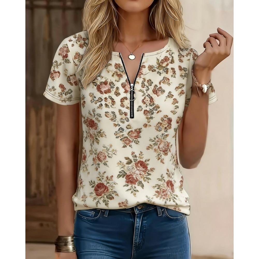 Fashionable and Elegant Zipper V-neck Color Blocked Printed T-shirt, Plus Size Women's Short Sleeved Summer Loose T-shirt