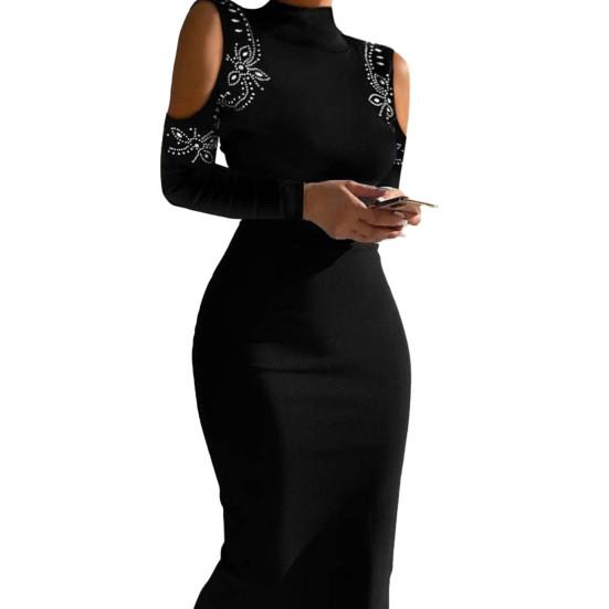 

2024 женское платье с воротником-стойкой и цветочным принтом из страз и длинными рукавами, эластичное облегающее платье, однотонное, мягкое XL чёрный