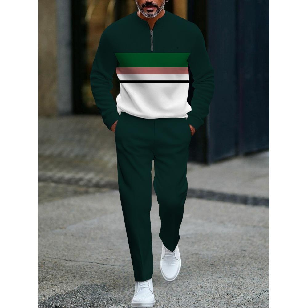 Spring Autumn 3D Printed Fashion Cool Men's Long-Sleeved Sets Half-Zipper Stand-Up Collar Men's Casual Sportswear Two-Piece Set