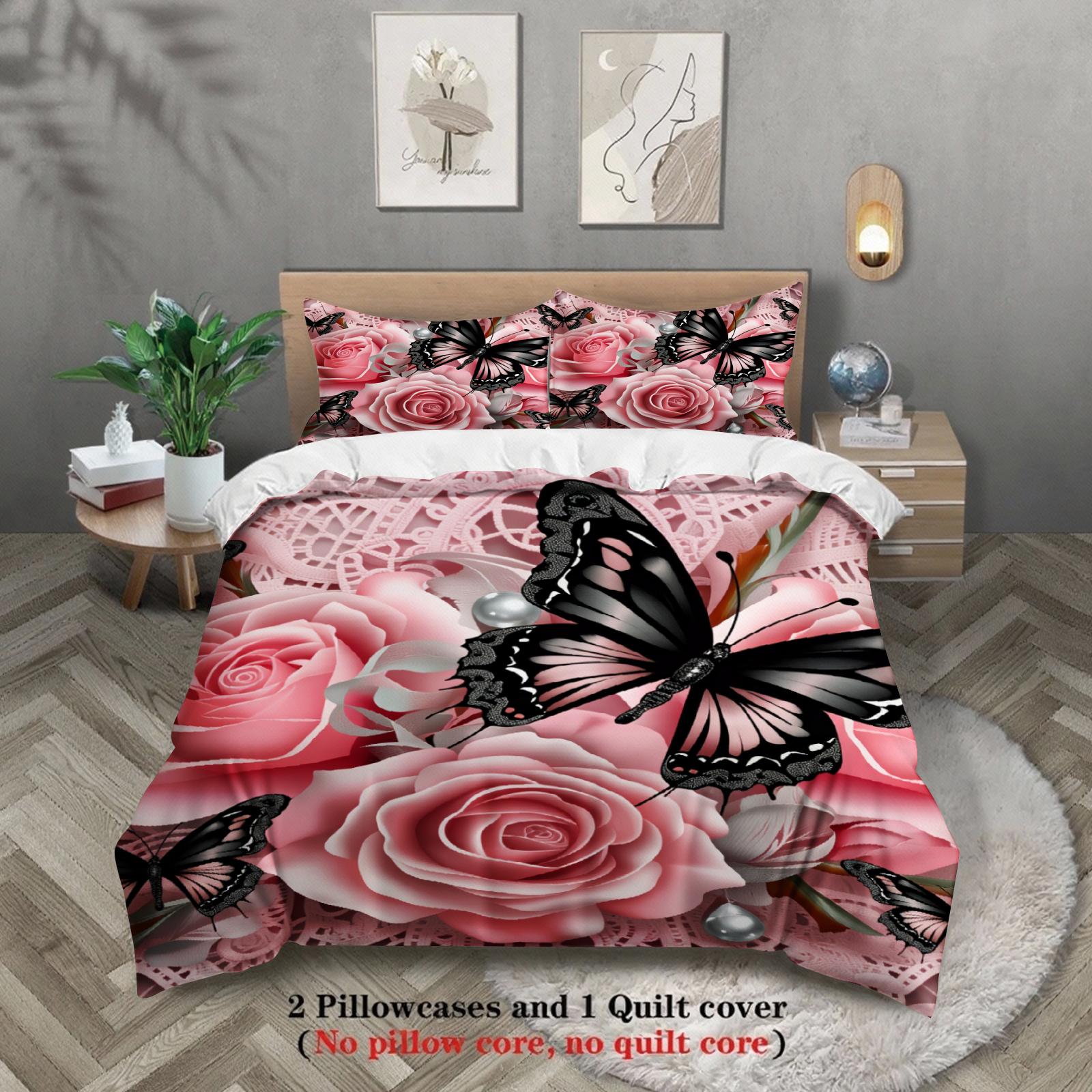 

Rose And Butterfly Printed Bedding Set Pink Floral And Insect Pattern With Duvet Cover & Pillowcases For Bedroom Decor US Full(200x230cm)