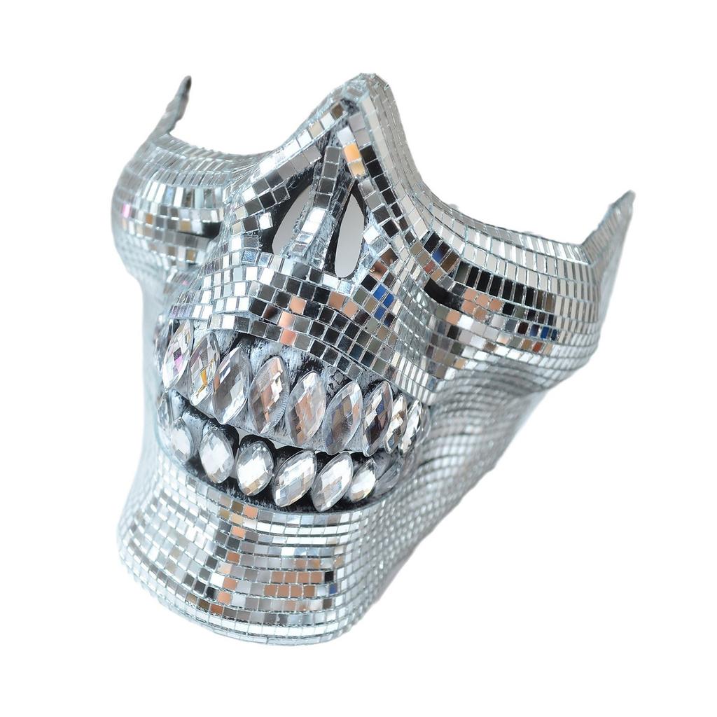 Crystal Skull Half Face Mask Dress Accessory Suitable for Halloween and Costume Parties with Reflective Disco Designs