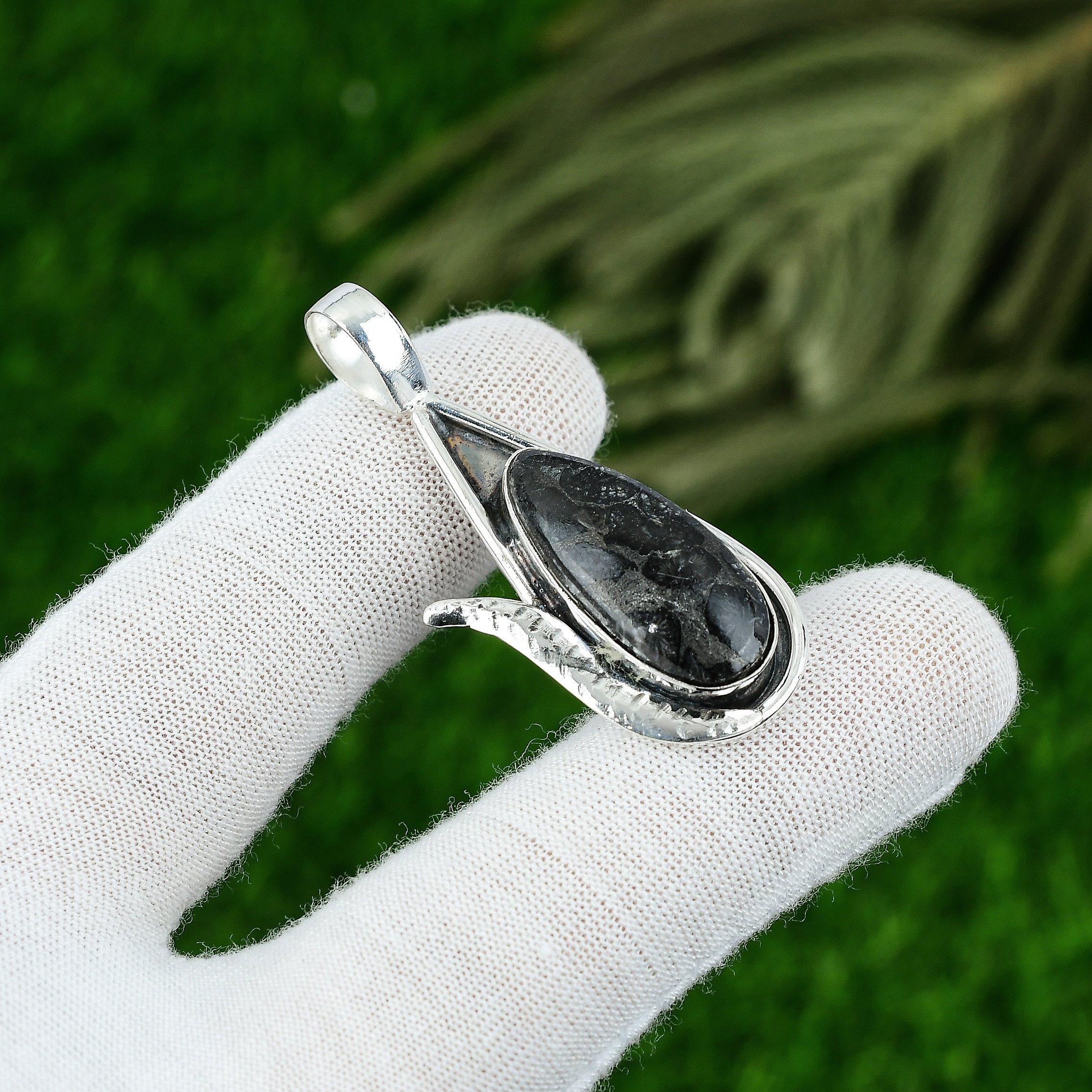 

Mothers day Sale 925 Sterling Silver Pear Black Fossil Coral Stone Wife Pendant