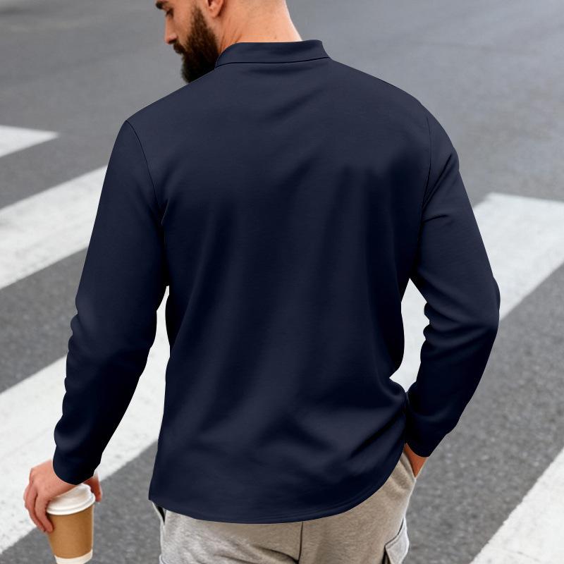 Men Solid Color Long Sleeve Round Neck Button Decor Casual Loose Polo Shirt