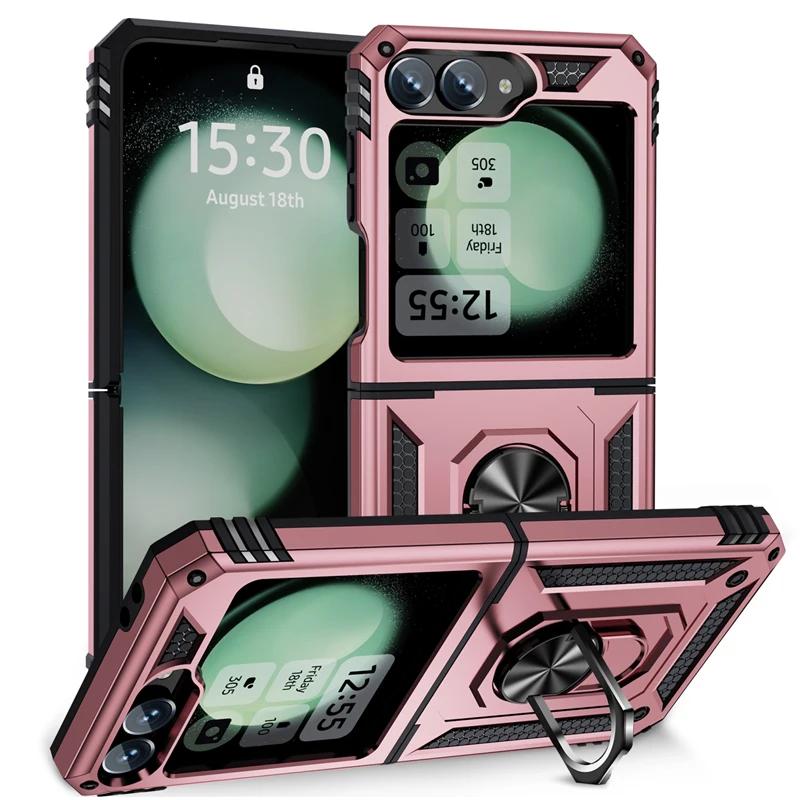 

Shockproof Armor Silicone Soft Bumper Phone Case for Samsung Galaxy Z Flip 7 6 5 4 3 Ring Stand Holder Protect Back Cover Cases For Galaxy Z Flip 5 розового золота