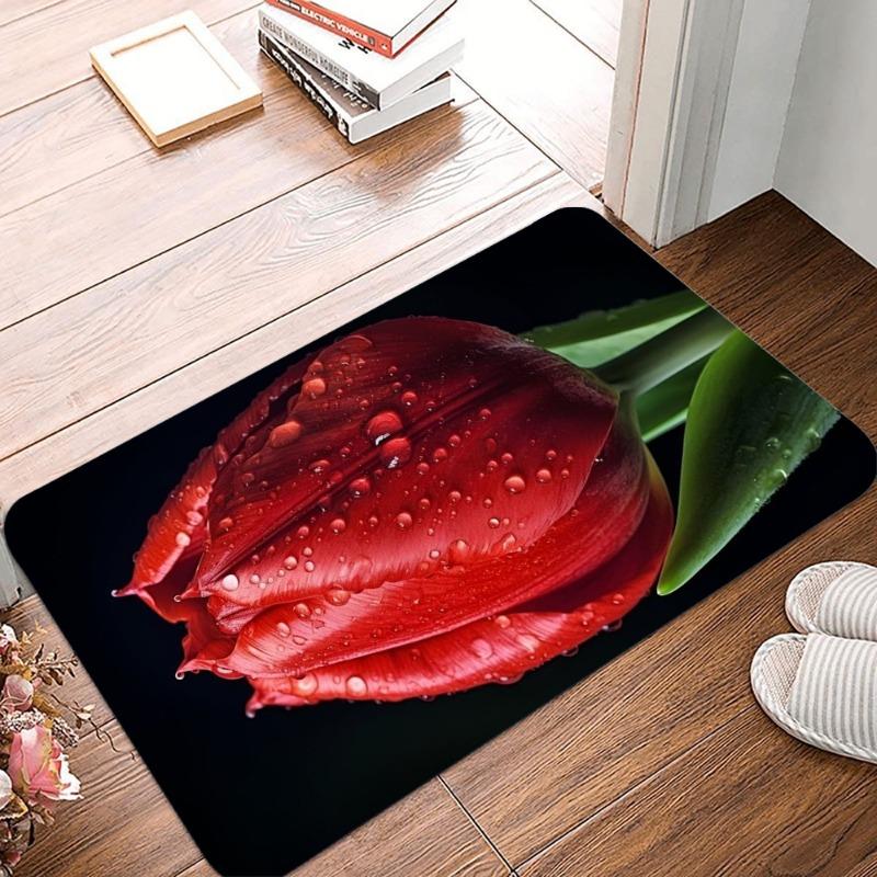 Beautiful Red Tulip Printing Non-Slip Small Rug Waterproof Easy To Clean Floor Mat for Indoor Outdoor Use Durable Home Decor