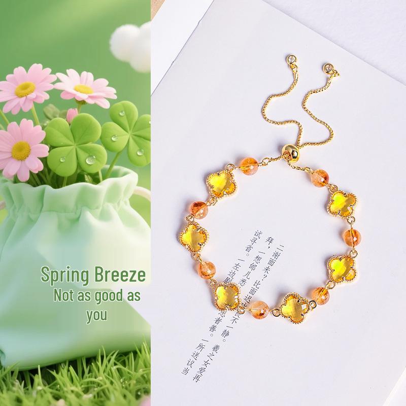 Lucky Clover Amethyst & Rose Quartz Women's Bracelet - Four-Leaf Clover Light Luxury Fashion Jewelry.