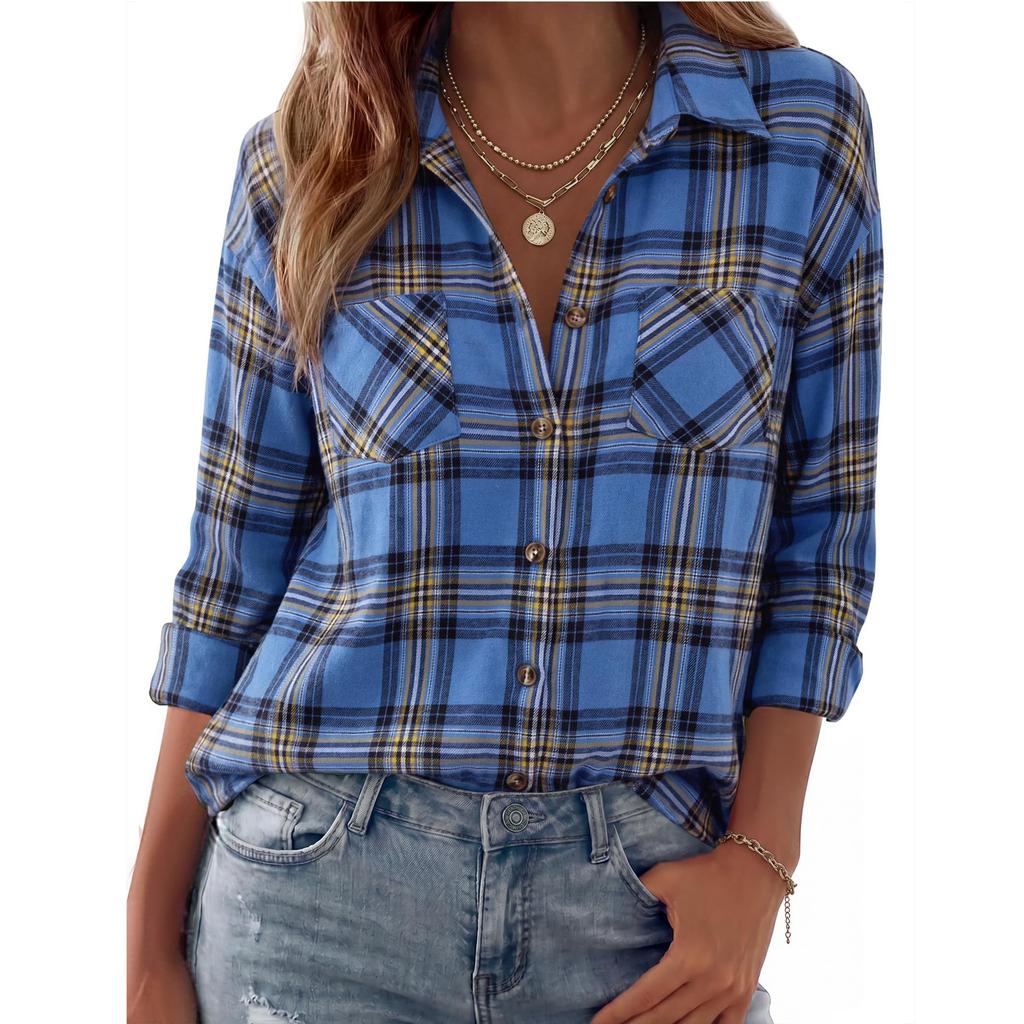Women's Casual Plaid Long Sleeve Lapel Collar Cardigan Shirt