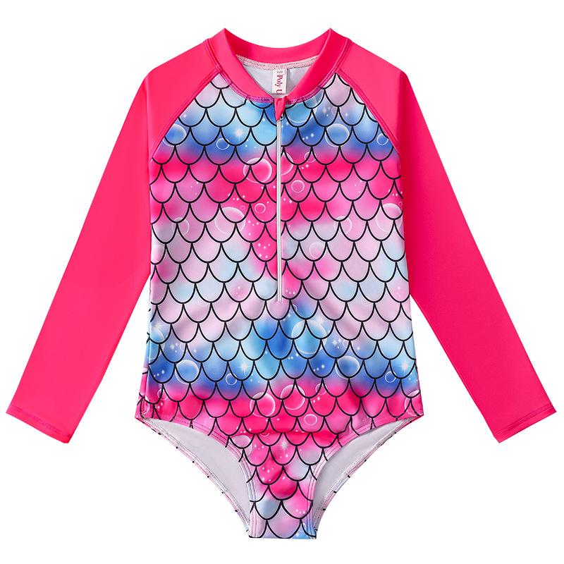 Kids Girls One Piece Swimsuit Beachwear Rash Guard Long Sleeves Palm Printed Zippered Swimming Bathing Suit Swimwear
