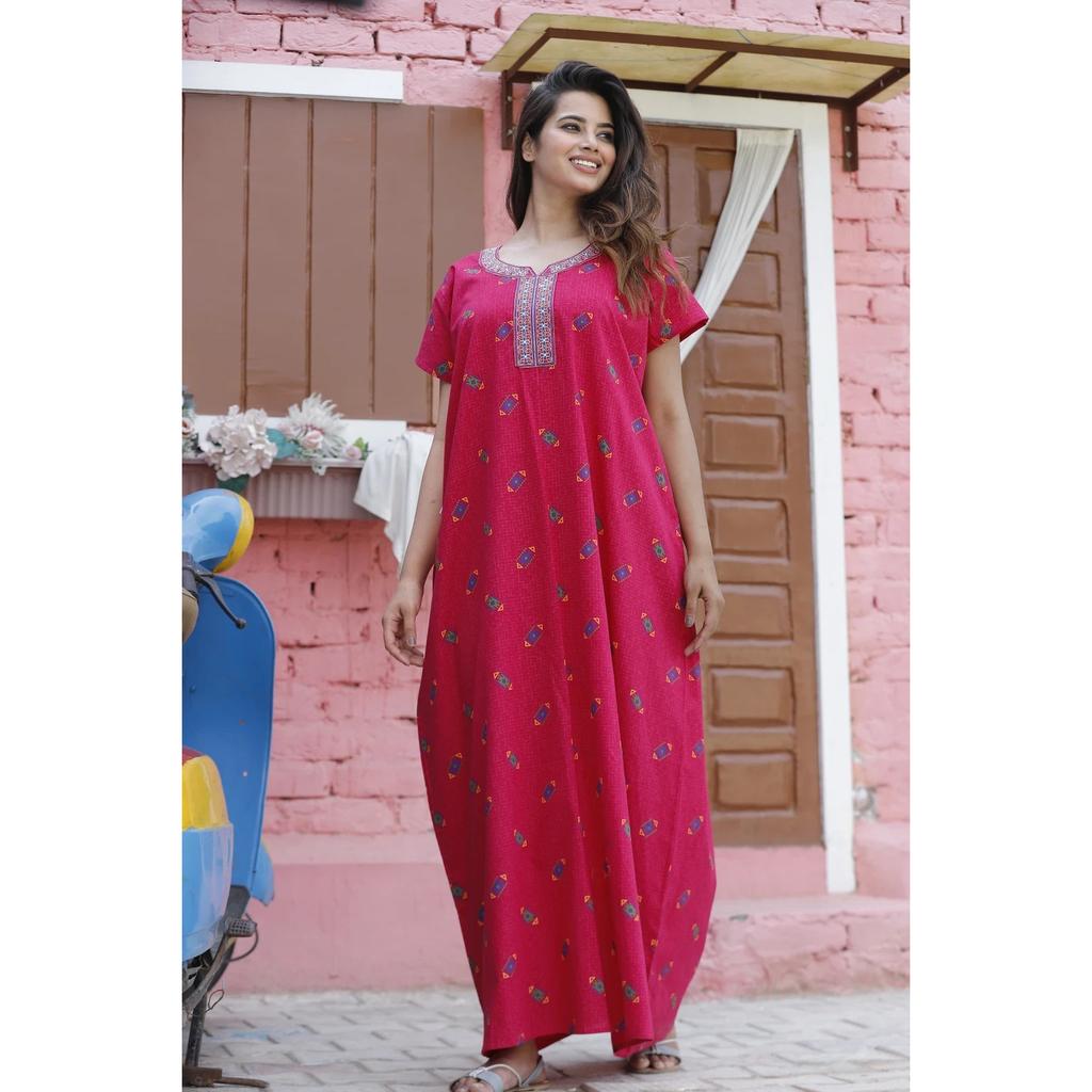 Indian Printed Maxi Length Gown Designer Women Daily Wear Pink Nighty Dress