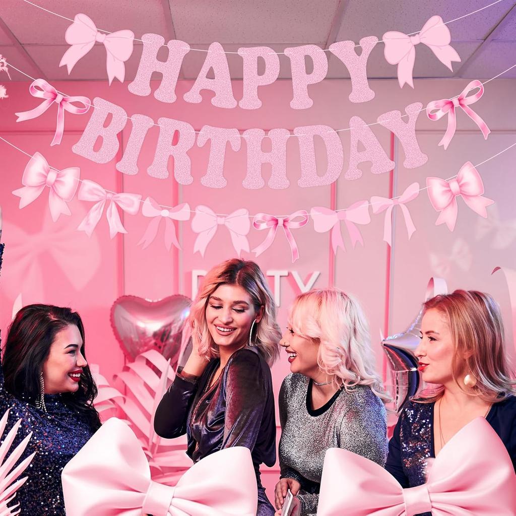 Bow Happy Birthday Banner, Pre-Strung Pink Bows Garland for Women Girls Bow Birthday Party Decorations, Bow Party Decor