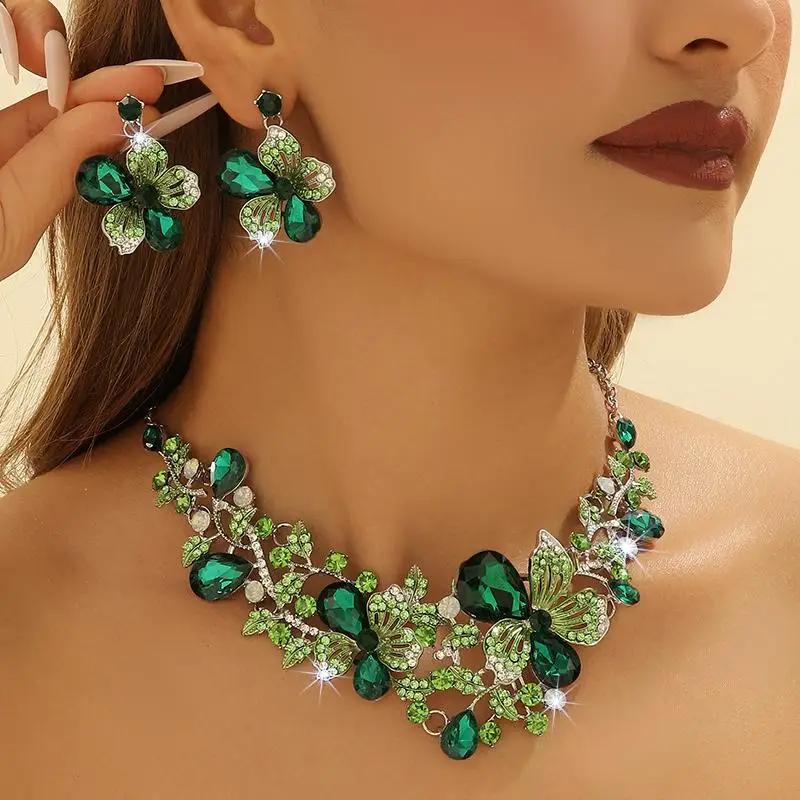 Multicolor Earrings with Matching Necklace Fashion Bauhinia Flowers Crystal Zircon Set Wedding Necklace Women Zircon