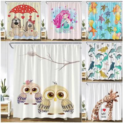 Lindos Animales Dibujos Animados Cortinas de Ducha Búho Perro Jirafa Dinosaurio Tortuga Sirena Niños Cortina de Baño Habitación Infantil Decoración de Baño Juegos