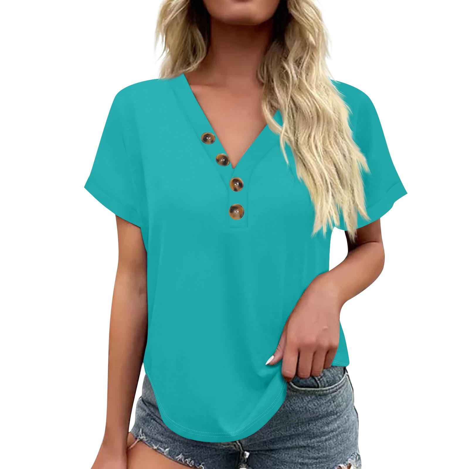 

Женский модный повседневный однотонный топ на пуговицах с короткими рукавами и v-образным вырезом XXL циан