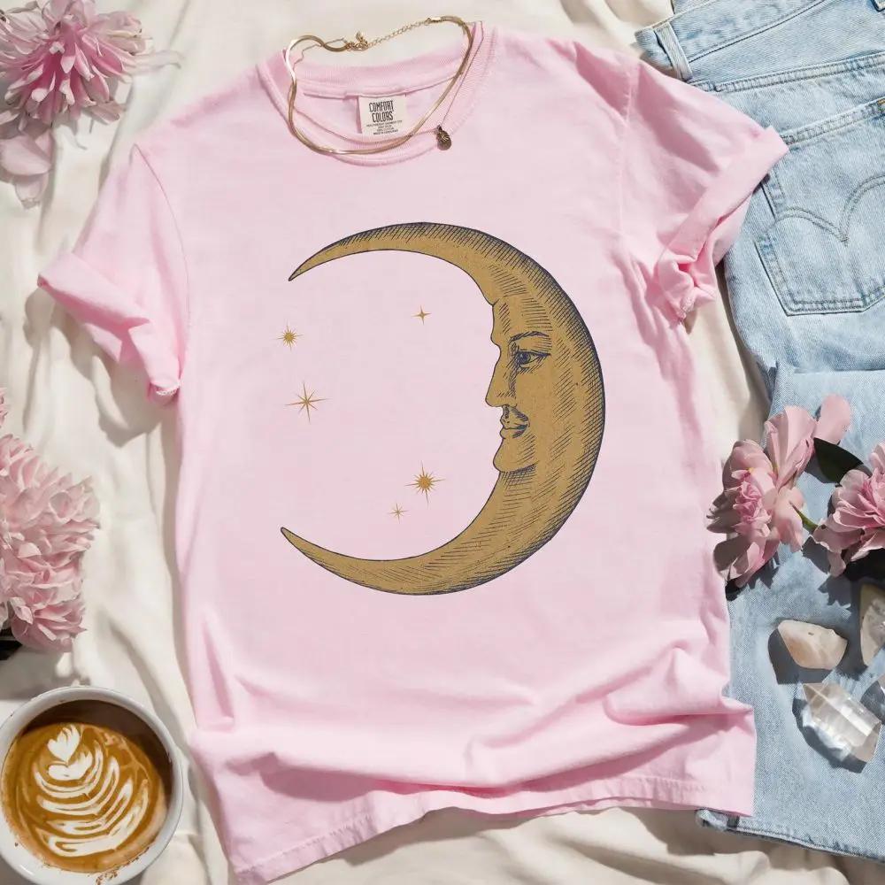 Women Retro Loose Short Sleeve Top Boho Moon Print Shirt Comfort 100 Cotton Crewneck Tshirt Casual Daily Fashion Streetwear