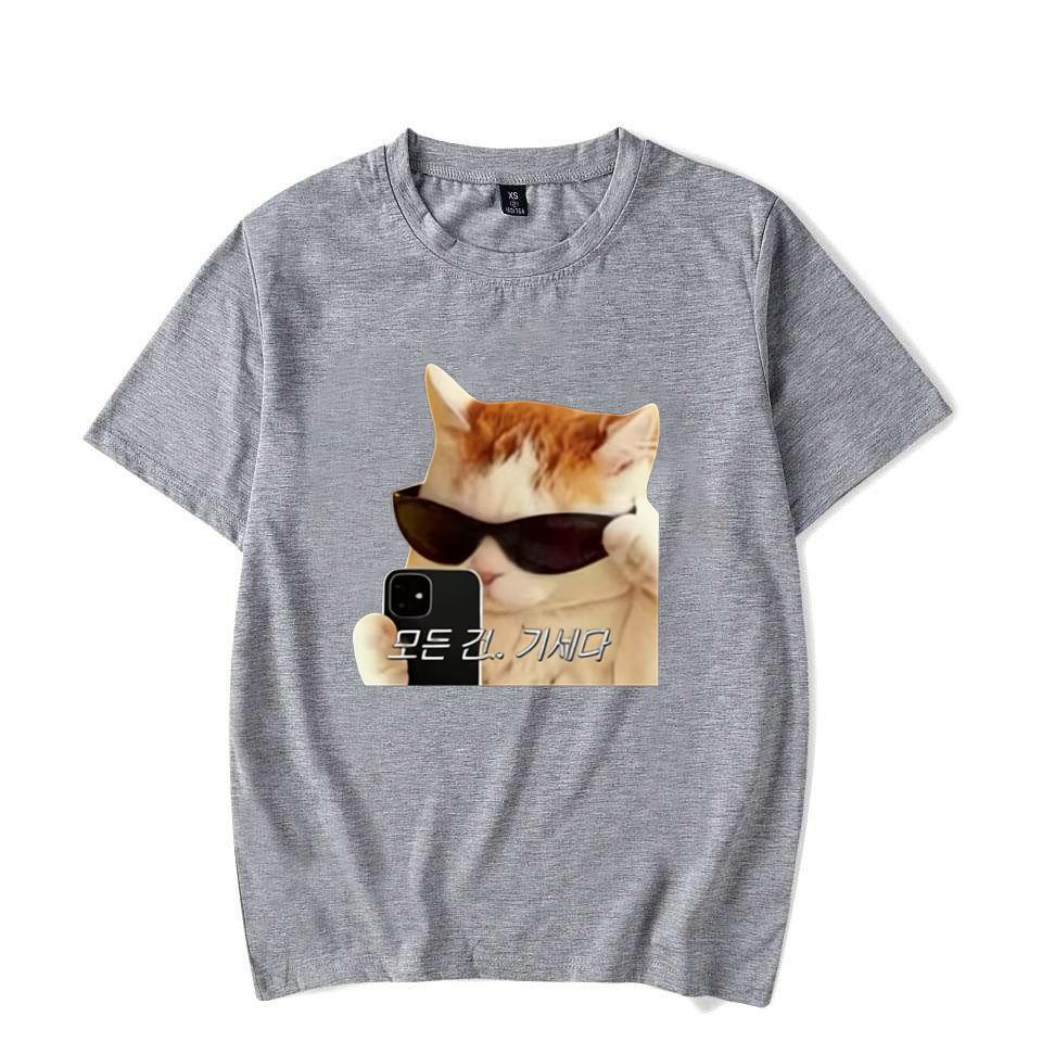 Hot Neutral Style Cool Cat Selfie T Shirt Korean Text Meme Print Short Sleeve O Neck Soft Washable Tops Funny Streetwear Tee Top