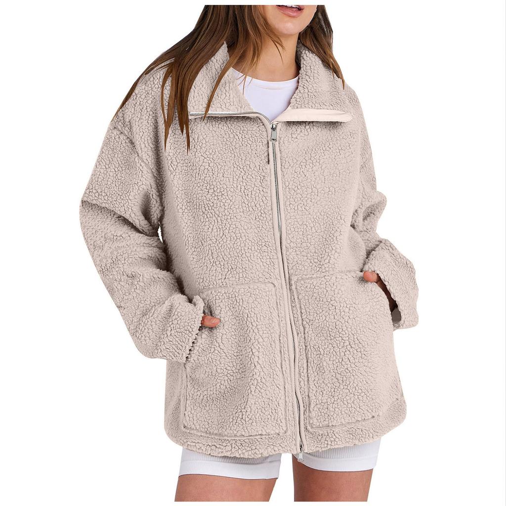 Women's solid color loose single breasted casual  pocket hoodie jacket