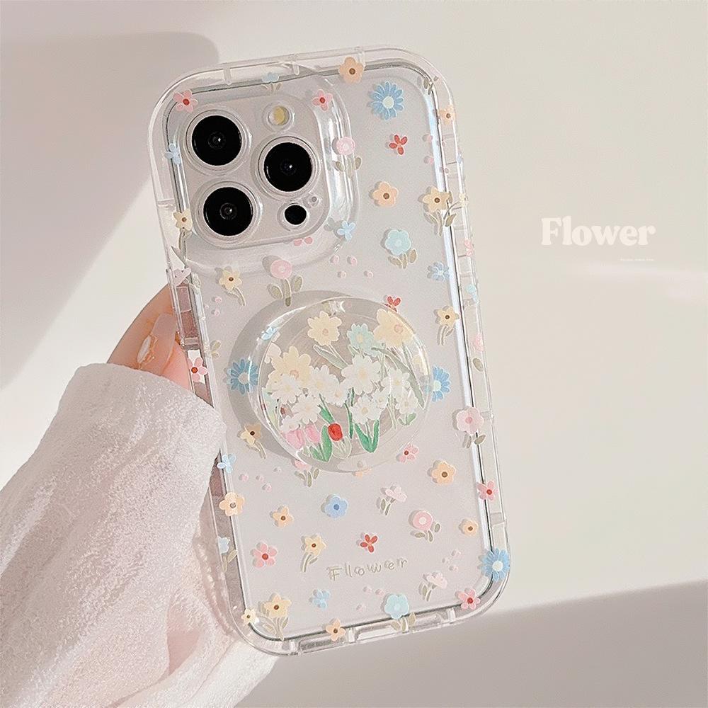 

Transparent Floral Bracket 14promax IPhone Case 13 Small Fresh Iphone15 Suitable for 16 Anti Fall 12 Soft 16promax