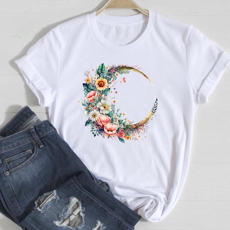 (European Size) 90s Cute Women Print Tee Flower Trend Trend Sweet Top Clothing Fashion Tshirt Lady Female Casual Short Sleeve Graphic T-shirt