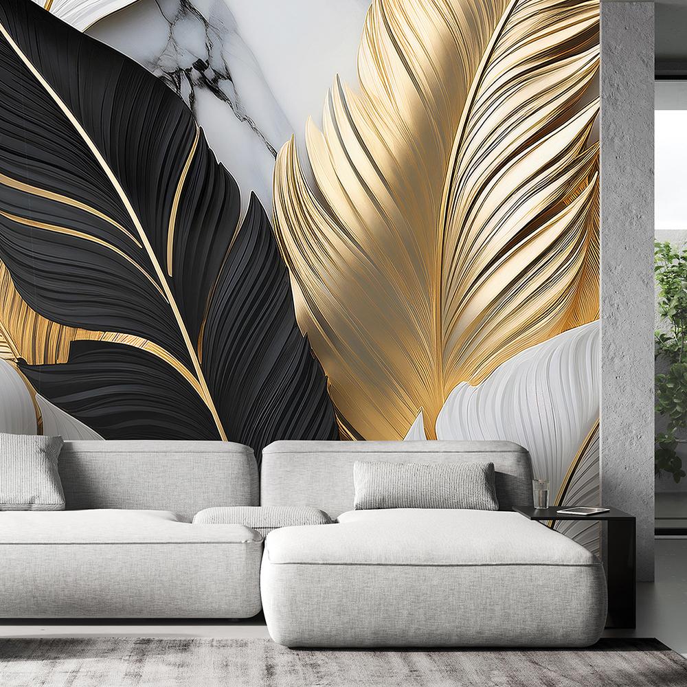 Wallpaper gold leaves black and white on marble background