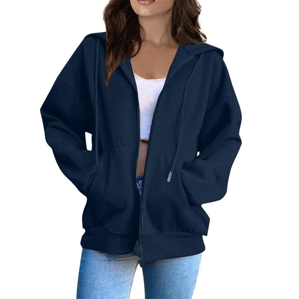 Women's Oversized Zip Up Hoodie Jacket with Pockets, Casual Long Sleeve Drawstring Hooded Sweatshirt for Fall Winter