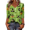 Women's Halloween Tops V-Neck Three-Quarter Sleeve Blouse Casual Tunic Shirt with Fun Pumpkin Print for