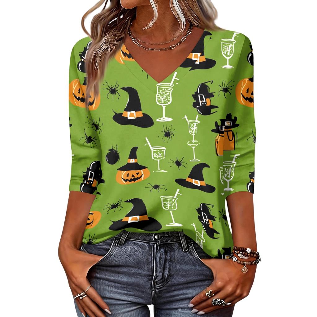 Women's Halloween Tops V-Neck Three-Quarter Sleeve Blouse Casual Tunic Shirt with Fun Pumpkin Print for