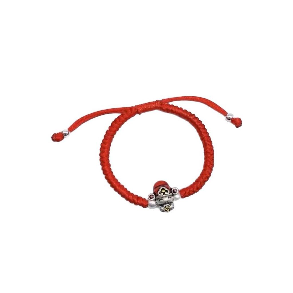 999 Sterling Silver God of Wealth Bracelet: Pure Silver Red Rope for Luck and Prosperity, Unisex Birth Year Charm, Couples' Gift.