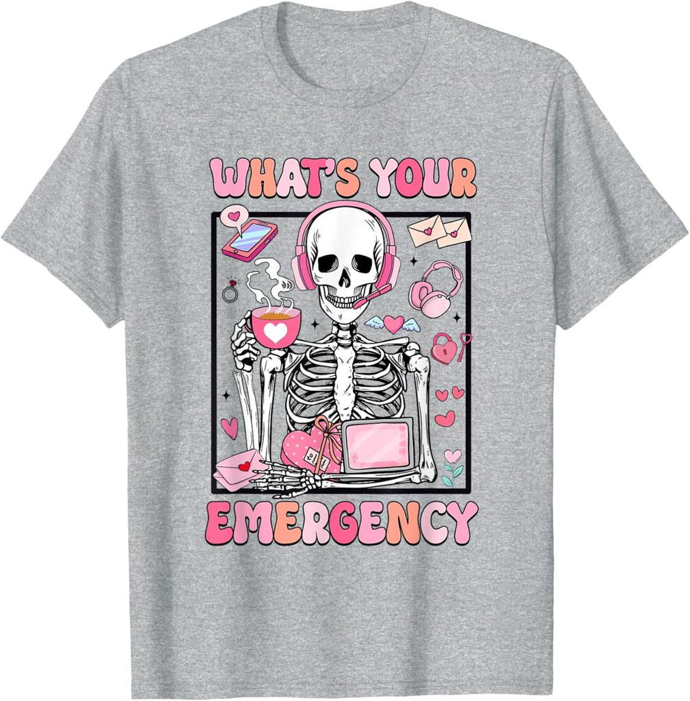 Skeleton Dispatcher Valentines Day Whats Your Emergency Graphic T-Shirt Men Casual Daily Cotton Tee