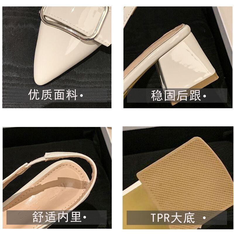 ZA New High-quality Fashion Low-heeled Pointed One-word Buckle Square Buckle Silver Metal Back Strap Sandals Women