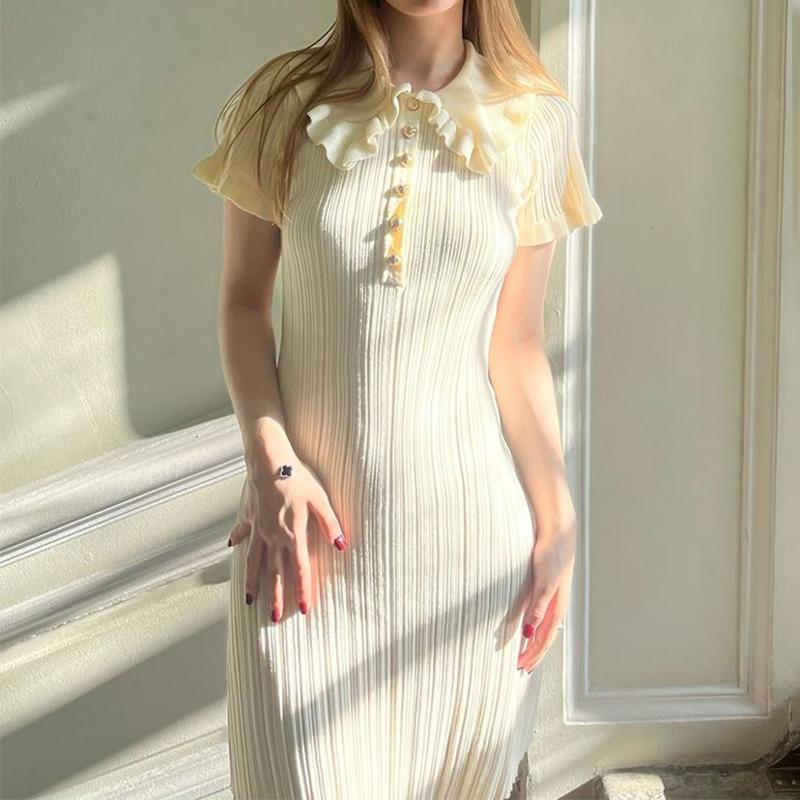 Women's Knitted Dress Summer High Waist Short Sleeve Ruffle Neck Bodycon Dresses Femme Slim Vacation Clothes French Vintage Elegant Evening Dress