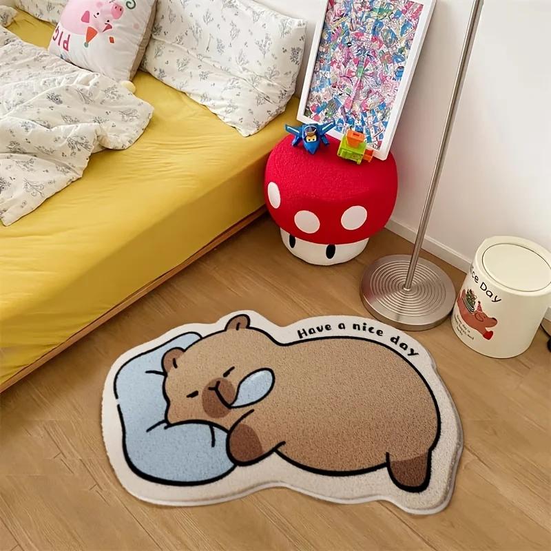 Kawaii Lazy Capybara Plush Mat, Cozy Fluffy Non-slip Washable Rug For Bedroom Indoor Aesthetic Decoration