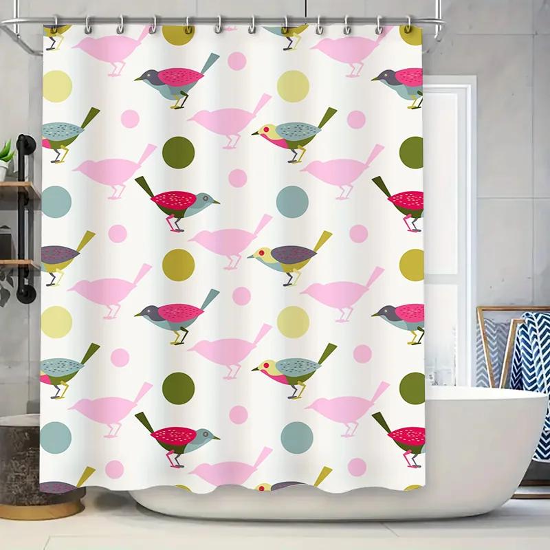Colorful Birds Drinks Shower Curtain Pink Blue Yellow Green White Decor Home Bath Waterproof Fabric Modern Bathroom Accessories