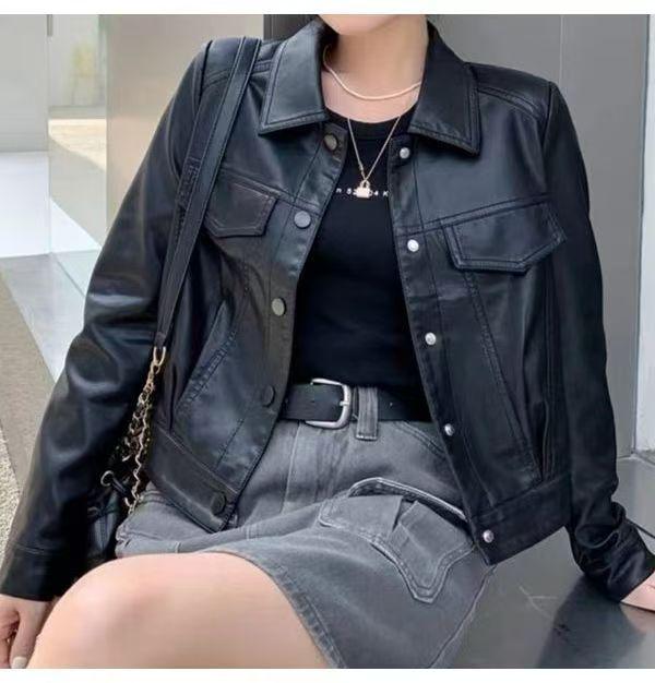 Women s Petite High-Waisted Short Leather Jacket for Autumn/Winter 2025: New Arrival Lapel Motorcycle Outerwear XL