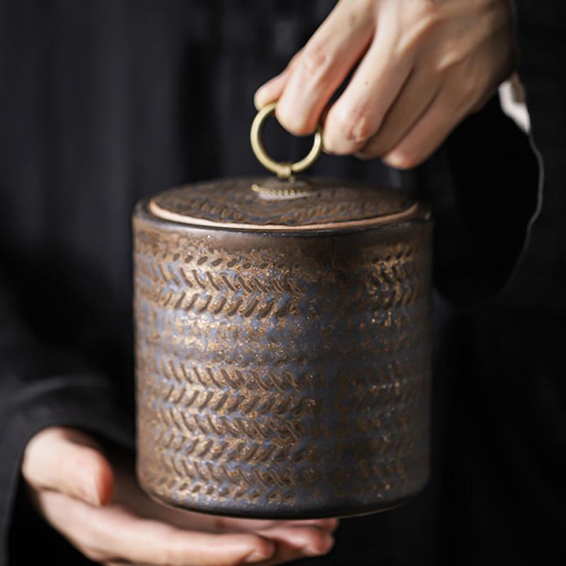 

Tea Sealed storage tank Porcelain sealed jar Tea storage jar Rough pottery imitation bamboo woven pattern Vintage Ceramic jars
